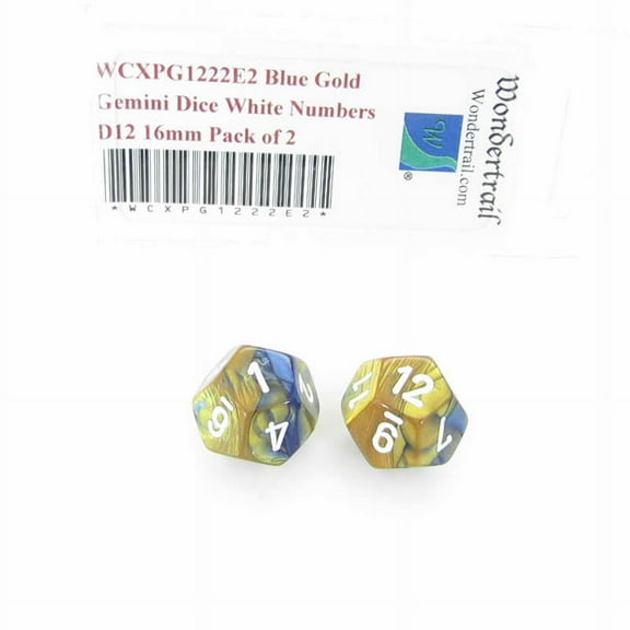 Blue and Gold Gemini Dice with White Numbers D12 Aprox 16mm (5/8in) Pack of 2 Wondertrail