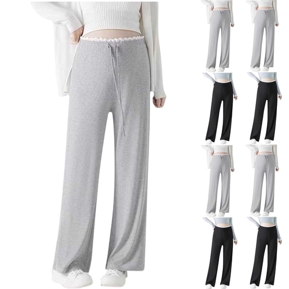 Frostluinai Women's Maternity Pants Over Belly Soft Lounge Palazzo Pants Stretch Lace Trim Wide Leg Pregnancy Trousers with Pockets