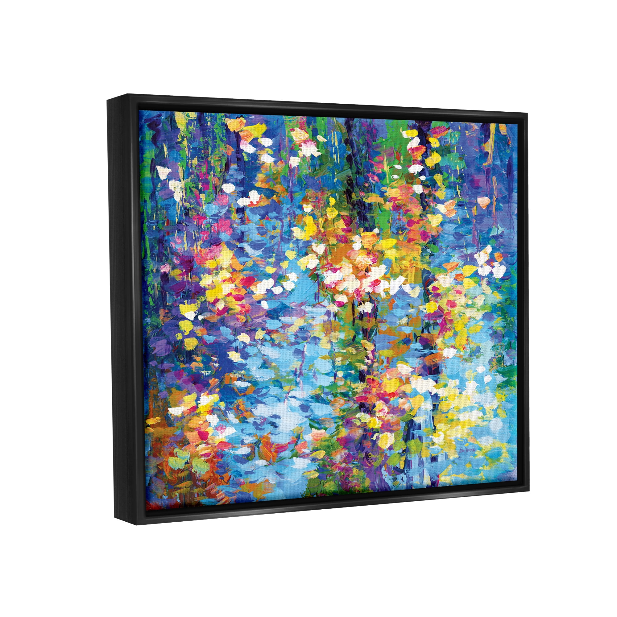 Stupell Industries Colorful Reflections Lake Flowers Landscape Painting Black Floater Framed Canvas Art Print Wall Art, 31 x 25