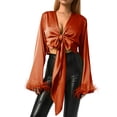 thumbnail image 3 of KOMOO Women Tie Front Blouse Feather Long Sleeve Ruffle Drawstring Cardigan Crop Top Satin Shirt Tops, 3 of 10