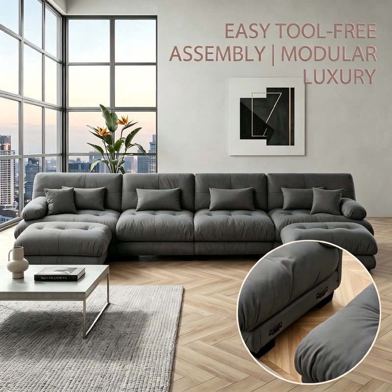 ANPPORT Cloud Couch Sleeper Sofa, Chenille Gray 4-Seater Modular Sofa with 2 Ottomans, 4 Lumbar pillows, 2 Pillows, Comfy Deep Seat Cloud Sofa, Convertible L-Shaped Floor Couch for Living Room