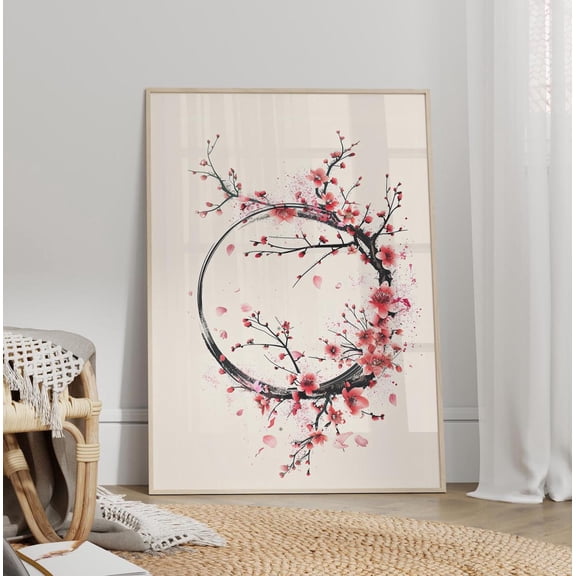 Cherry Blossom Zen Circle Wall Art Japanese Minimal Decor, Unframed Canvas Size 16x24