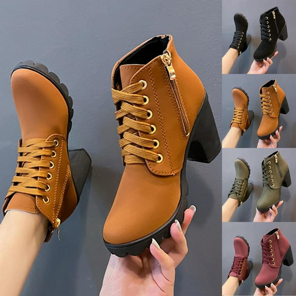 Miluxas Womens Thick Heel Ankle Boots Lace Up Metal Buckle Round Toe Side Zipper High Heel Booties Winter Comfy Ladies Leather Boots Shoes Yellow 9(42)