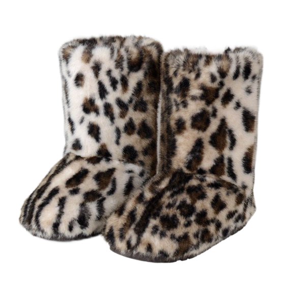 Women's Leopard Faux Fur Mid Calf Boots - Warm Plush Winter Boots Non-Slip Casual Snow Boots