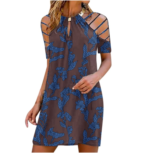 Pompotops Robe Sexy Mode Manches Courtes Imprimée Épaules Dénudées Métal