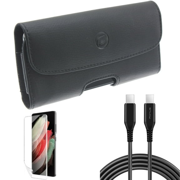 6ft Long USB-C Cable & Matte Screen Protector & Case Belt Clip for Samsung Galaxy S22 Plus (S22 ) - Combo PD Fast Charger Cord Power Wire & TPU Film Anti-Glare & Leather Holster Cover