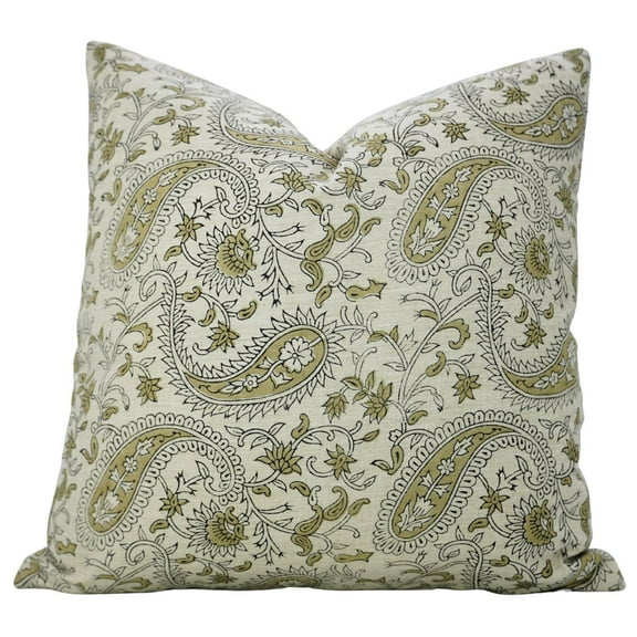 Fabdivine “Kiara” Cushion Cover – Green Linen Blend Hand Block Print for Farmhouse & Boho Decor