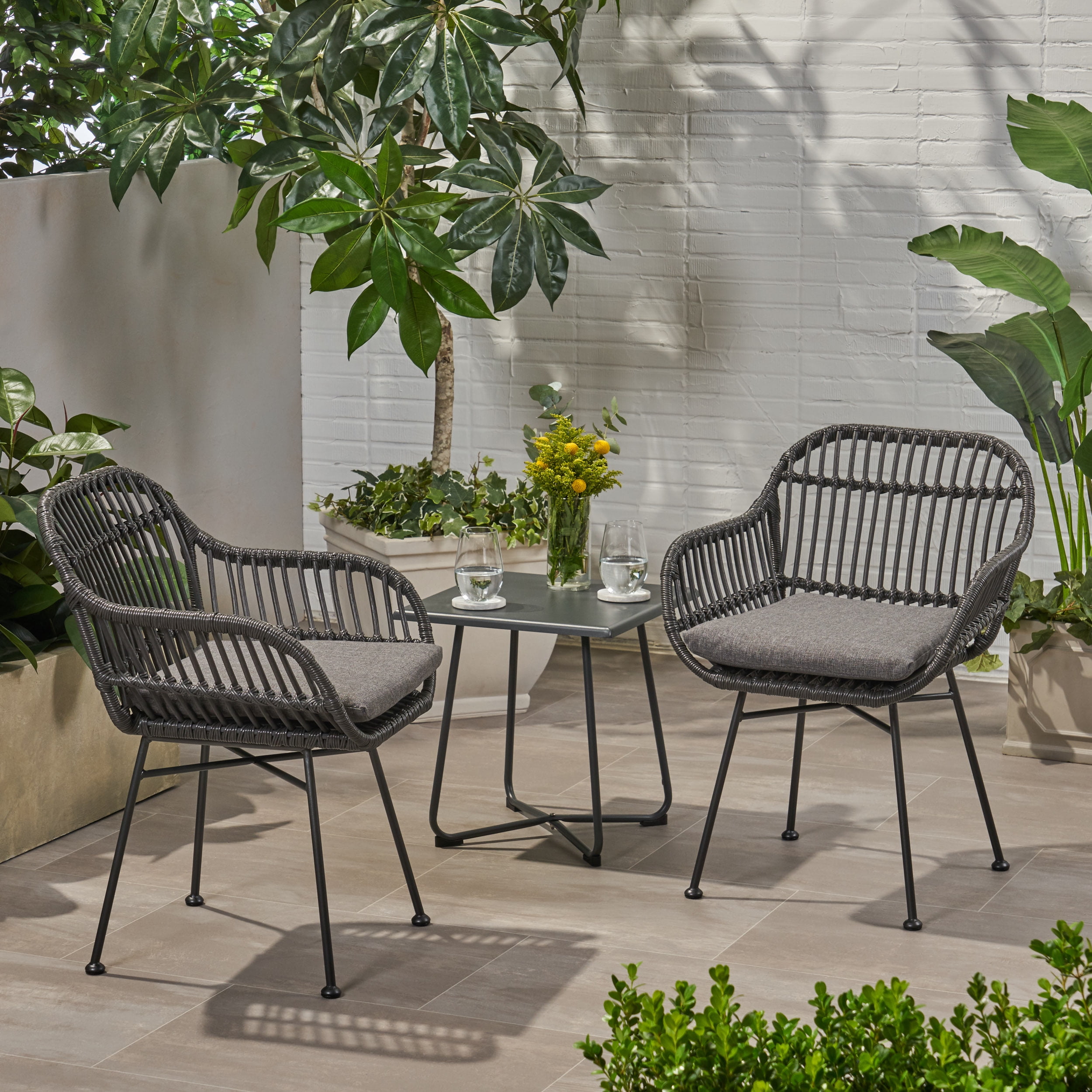 Louise Outdoor Woven Faux Rattan Chairs with Cushions, Set of 2, Gray