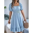 thumbnail image 3 of Women'S Boho Summer Square Neck Puff Sleeve Off Shoulder Smocked Tiered Casual A Line Short Mini Dress Light Blue M, 3 of 8