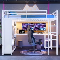 Queen Loft Bed with Wardrobe & Desk, Metal Loft Bed Frame with Built-in Storage Shelves, Space Saving Loft Bed with Workstation for Small Room, White