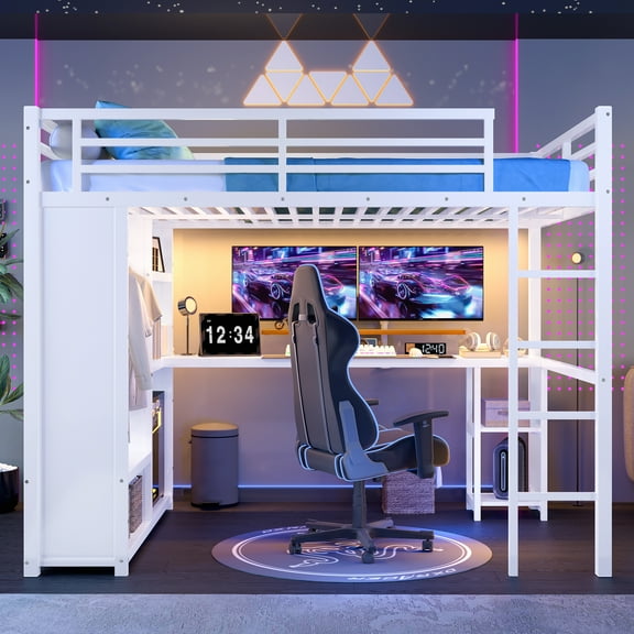 Queen Loft Bed with Wardrobe & Desk, Metal Loft Bed Frame with Built-in Storage Shelves, Space Saving Loft Bed with Workstation for Small Room, White