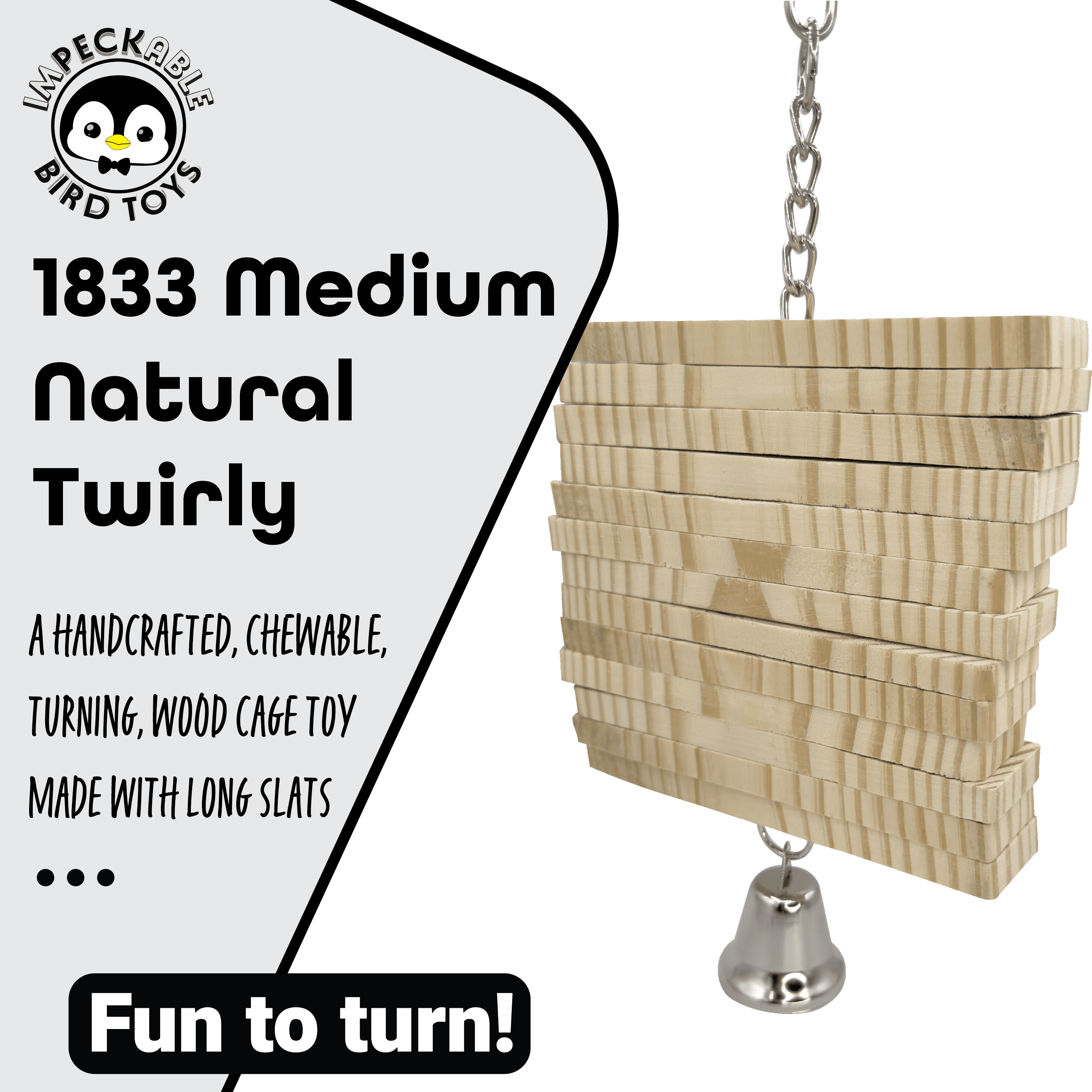 1833 Medium Natural Twirly Bird Toy with Kiln-Dried Wood Slats, Metal Chain and Bell – Handcrafted by Impeckable Bird Toys – Great for Conures, Amazons, African Greys and Medium Birds