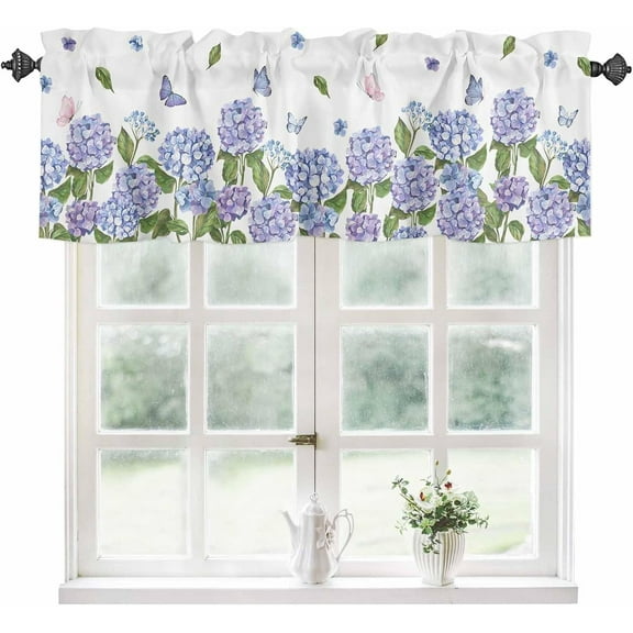Kitchen Curtain Valance for Windows Spring Floral Hydrangeas 1 Panel, 54 x 18 Inch Rod Pocket Valance Window Treatments Short Curtains for Bathroom Bedroom