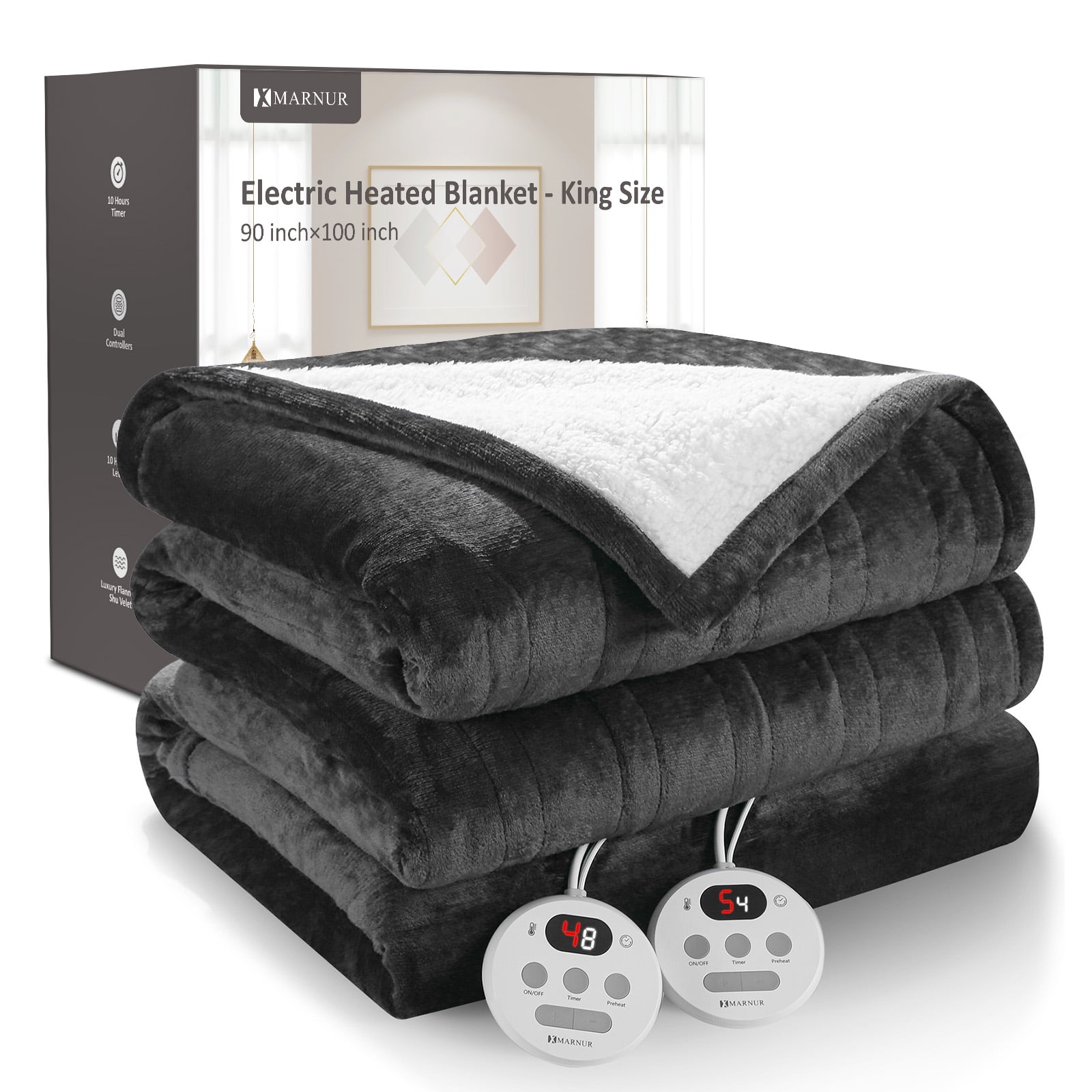 MARNUR Electric Heated Blanket King Size 90''x100'', Fast Heating with Dual Controllers, 10 Heating Levels, 10H Timers, Preheat Function - Dark Gray