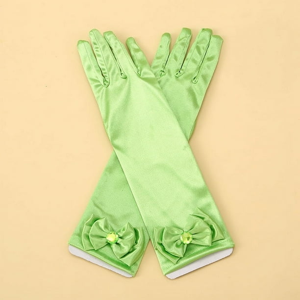 Zhuge Guantes de princesa, guantes largos de satén blanco para niña, con lazos de diamantes para disfrazarse de princesa, para cumpleaños, bodas, fiestas de disfraces, color verde claro