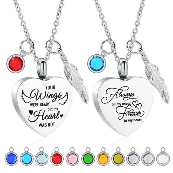 2 Pack Heart Cremation Urn Necklaces for Ashes with Angel Wing Memorial Pendant and 12 Pcs Birthstones Heart Ashes Necklace for Human / Pet