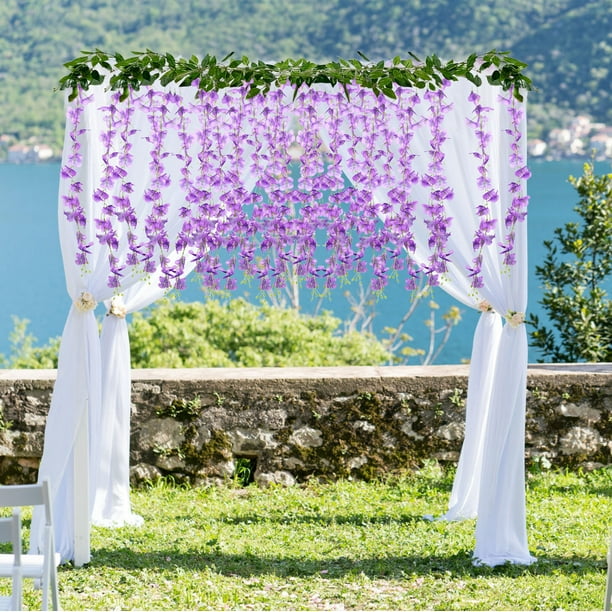 Guirnalda de glicinia de seda blanca - enredaderas de flores artificiales de 6,56 pies para bodas y decoración del hogar, flores colgantes beige azul morado