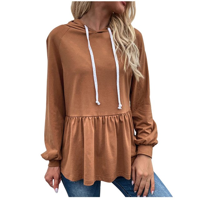 Blusa con capucha de manga larga de color sólido de moda cómoda informal para mujer Pompotops FGAJ22543