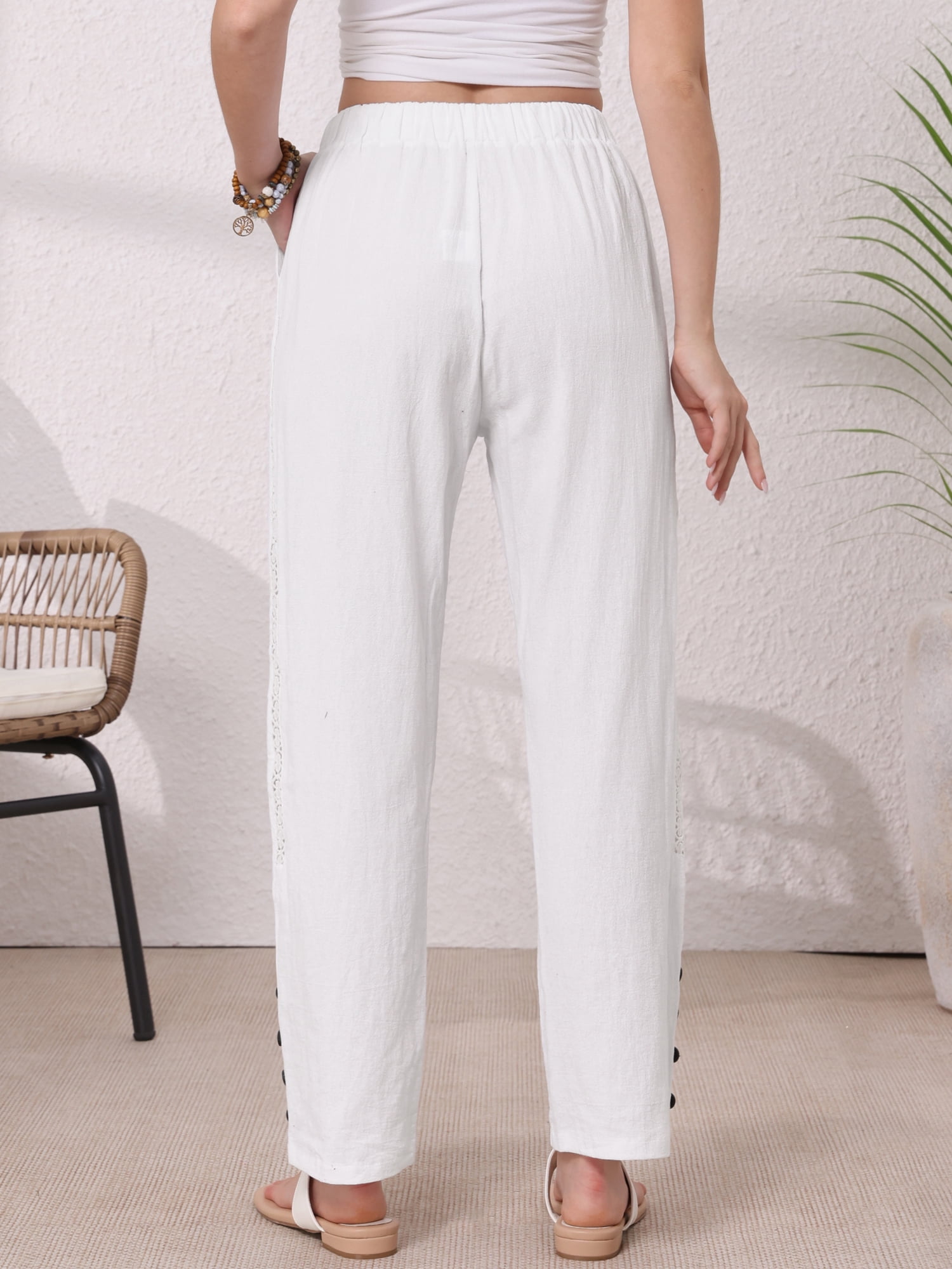 DARING DIVA Women's Linen Summer High Waist Drawstring Long Pants Large White