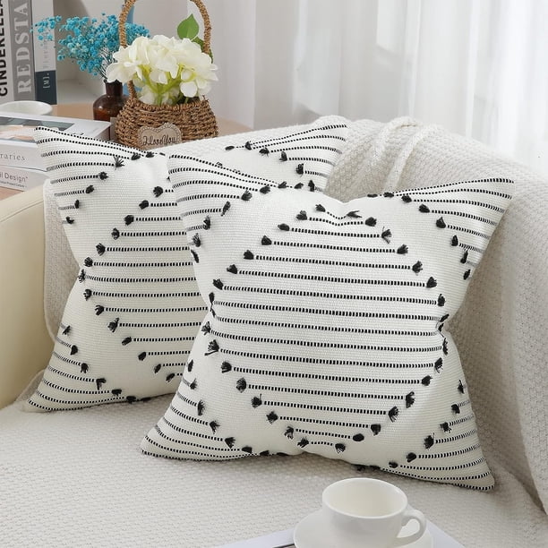 Fundas de almohada, color blanco crema y negro, 18 x 18, juego de 2 fundas de almohada decorativas de granja para sofá