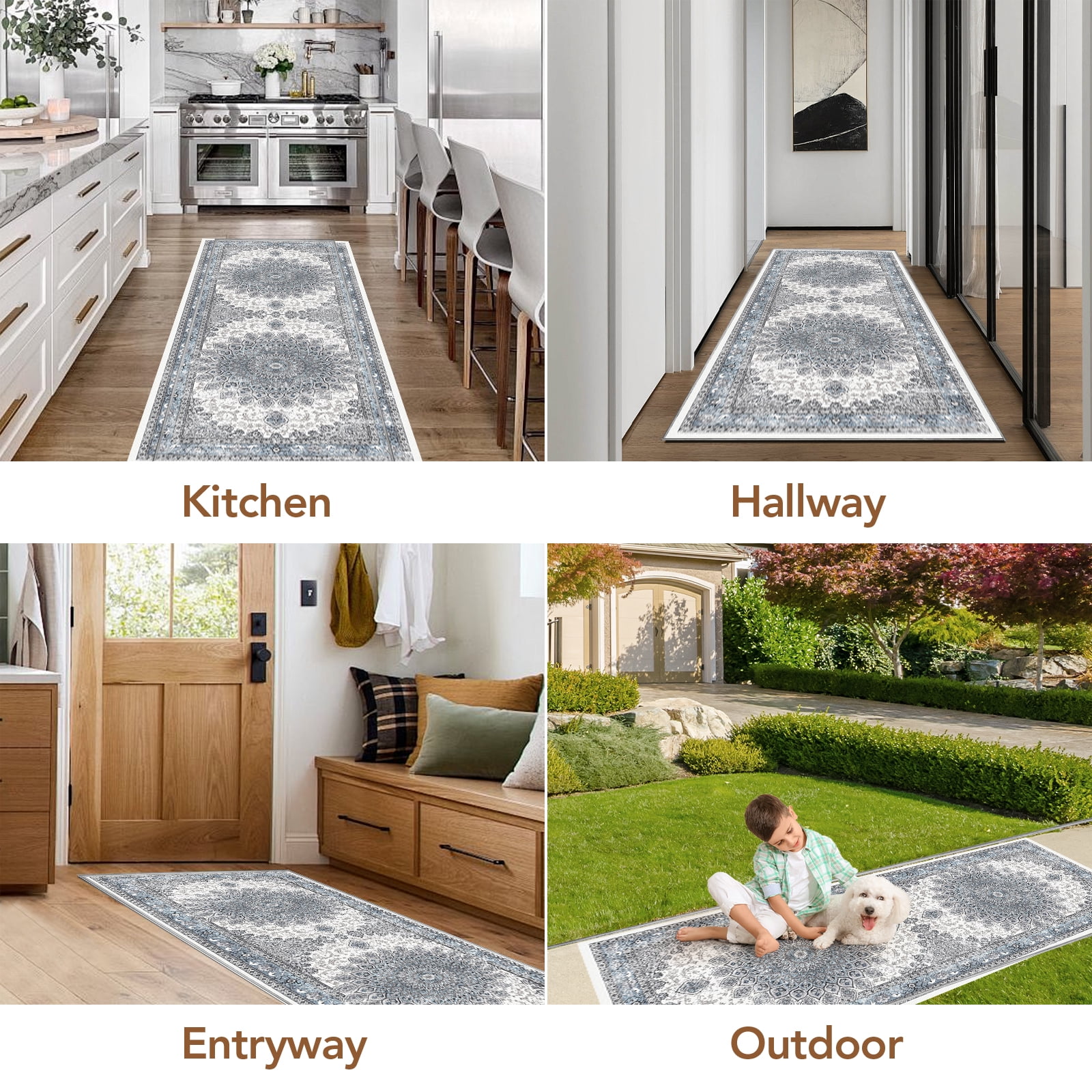 2x6 Runner Rugs for Entryway Washable Hallway Runner Rugs Non-Slip Foldable Low Pile Blue