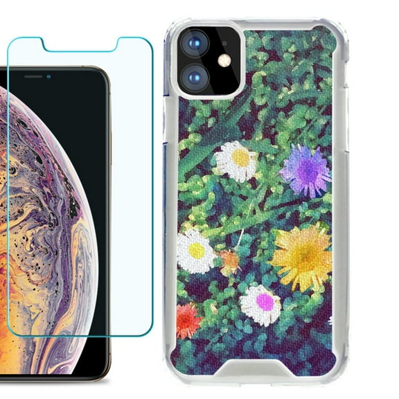 For Apple iPhone 11 Case, Hybrid Bumper Phone Case, with Tempered Glass Screen Protector, by OneToughShield ® - Daisy Paint
