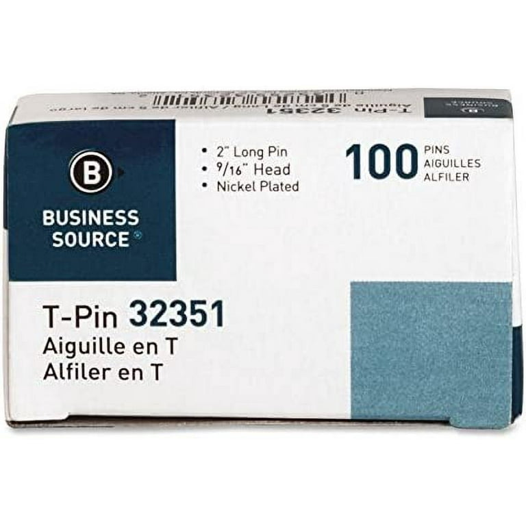  Business Source 32351 T-Pins, 9/16 in. Head Width, 2 in.  Length, 100/BX, Silver : Office Products