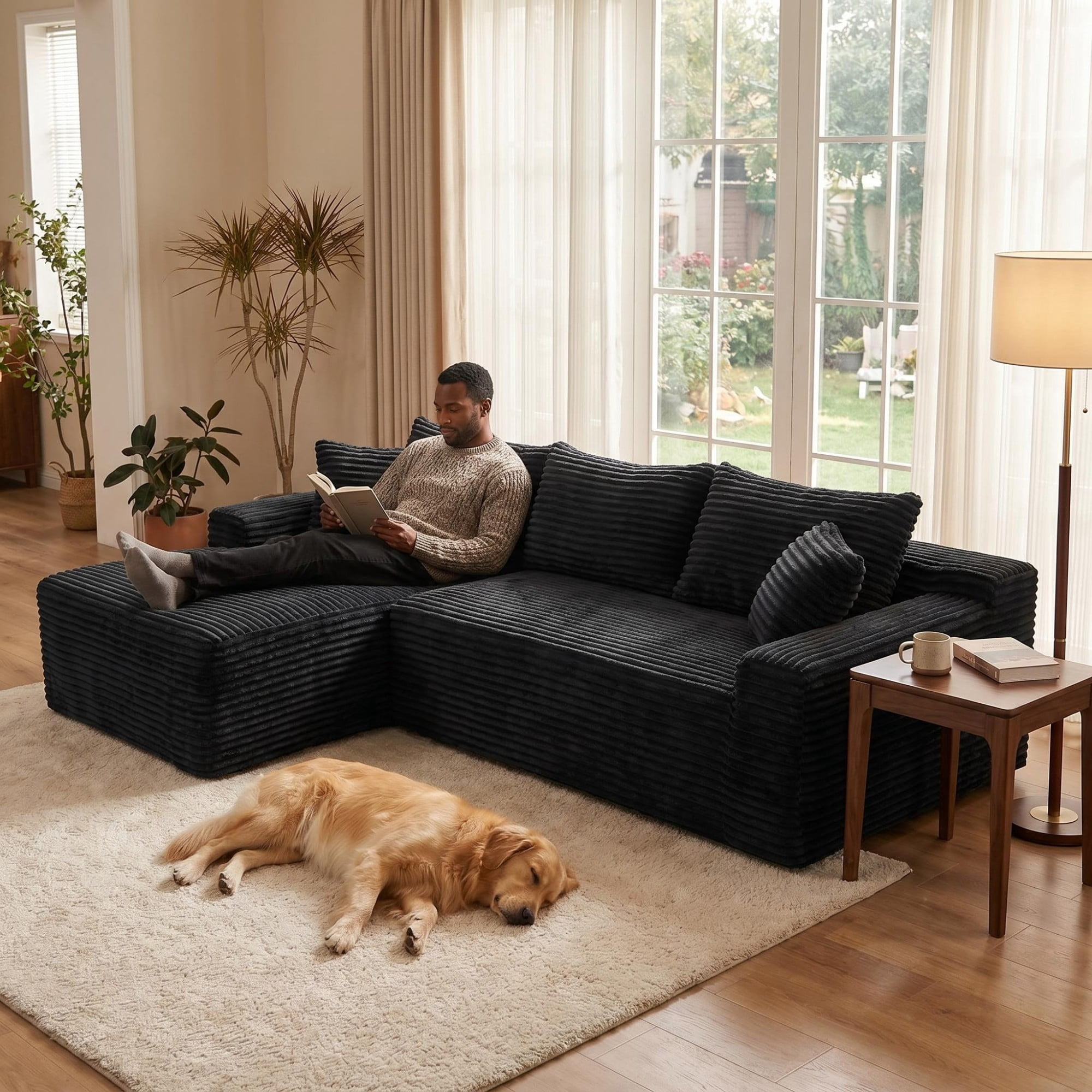 DEALTOPS 106" Corduroy L-Shape Sectional Sofa, Modular Floor Cloud Couch with Left Chaise, Black