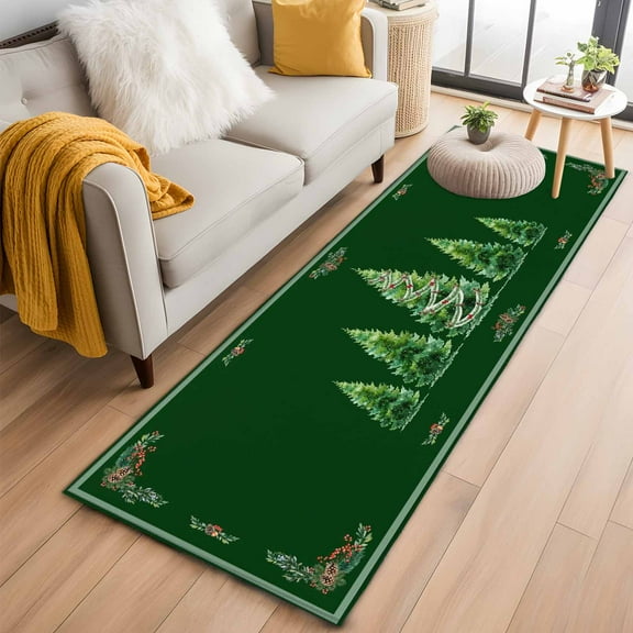 Green Christmas Tree Kitchen Runner Rug 2x6 Washable Runners for Hallway Non Slip Snowflake Xmas Botanical Berry Large Area Rug Indoor Floor Carpet for Bathroom Laundry Entryway Bedroom Living Room