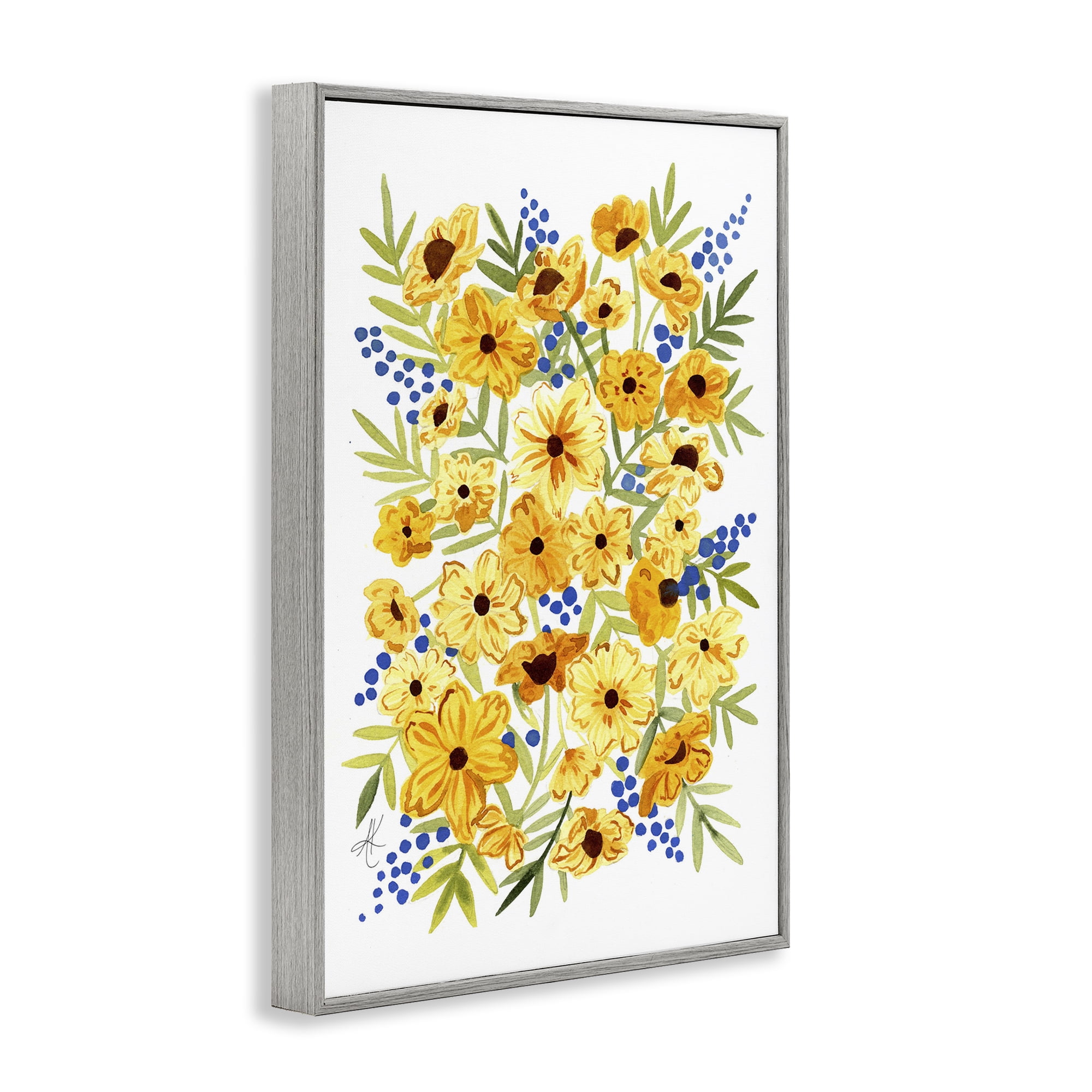 Stupell Industries Yellow Cosmos & Berries Botanical & Floral Painting Gray Framed Art Print Wall Art, 12 x 18