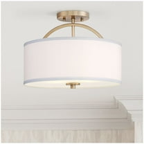 Possini Euro Design Halsted Modern Ceiling Light Semi Flush Mount Fixture 15" Wide Warm Brass 2-Light Oatmeal Linen Drum for Bedroom Living Room House