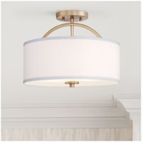Possini Euro Design Modern Ceiling Light Semi Flush Mount Fixture Warm Brass 15" Wide White Linen Drum for Bedroom Kitchen Hallway
