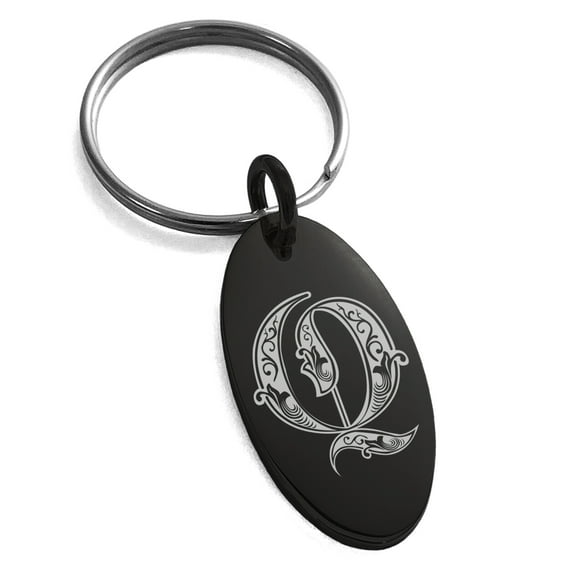 Stainless Steel Letter Q Initial Royal Monogram Engraved Small Oval Charm Keychain Keyring