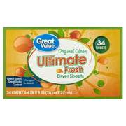 Great Value Ultimate Fresh Dryer Sheets, Original Clean, 34 Count