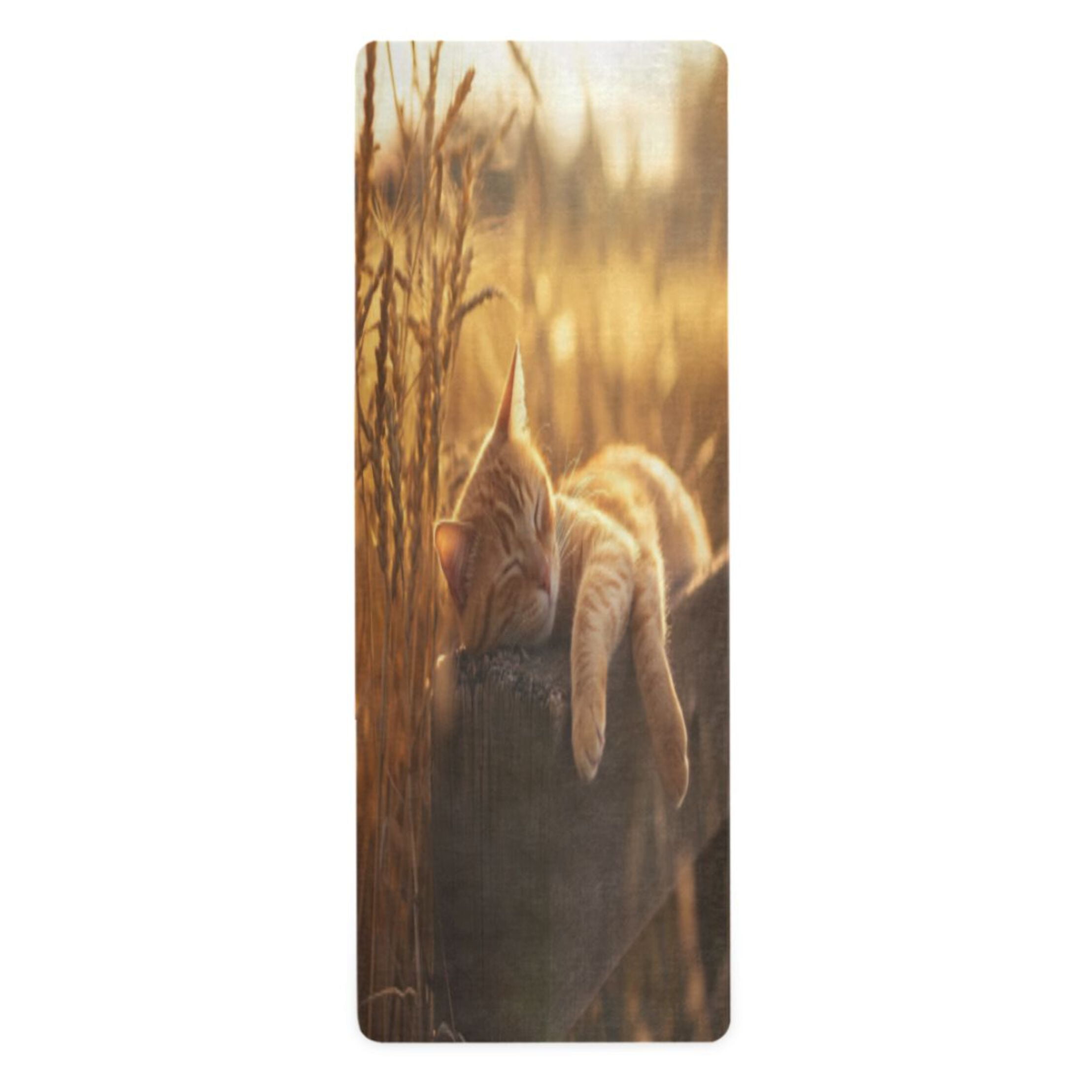 BZSMCE Yoga Mat Women Fitness Mat Peaceful Cat in Golden Light Pattern