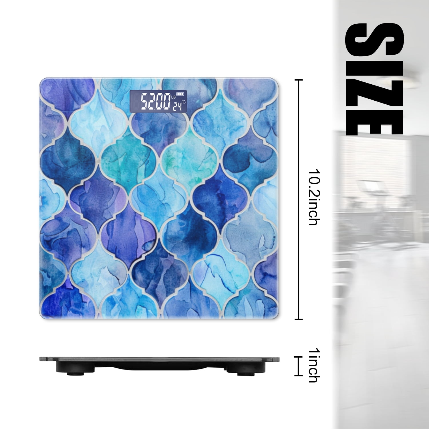 High Precision Body Weight Scale Smart Bathroom Scales with Large LCD Display(400lbs),Decorative for Bedroom-Watercolor Moroccan Tile Pattern Shades Of Blue And Teal