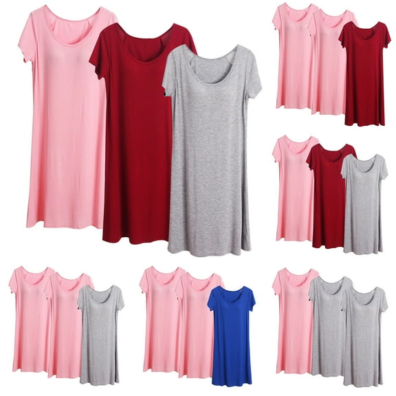 Aboser 3 Pack Womens Long Nightgowns with Built in Bras Modal Loungewear Plus Size Crewneck Sleep Dress Comfy Breathable Short Sleeve Nightshirt Loose House Pajama Dresses