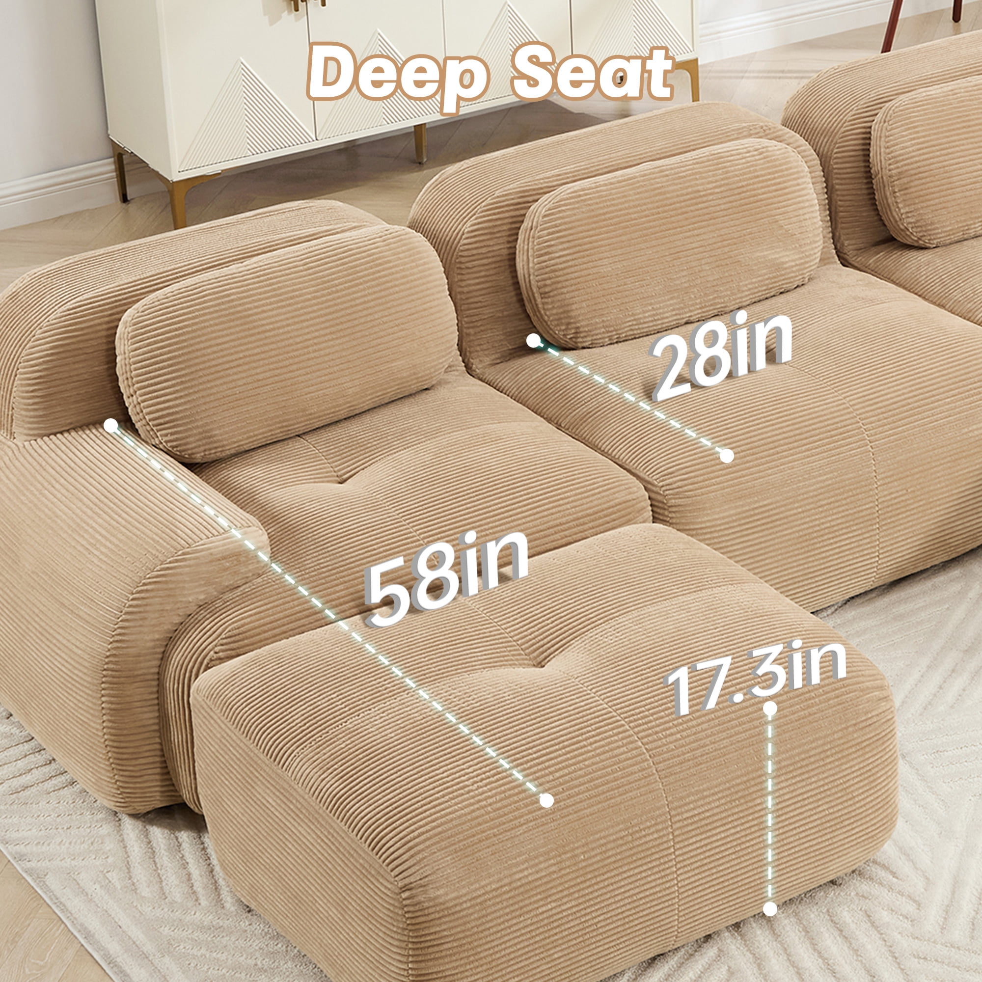Aukfa 117" Modular Sectional Sofa Overstuffed Boneless Couch, 3Pillows, No Assembly, Corduroy, Camel
