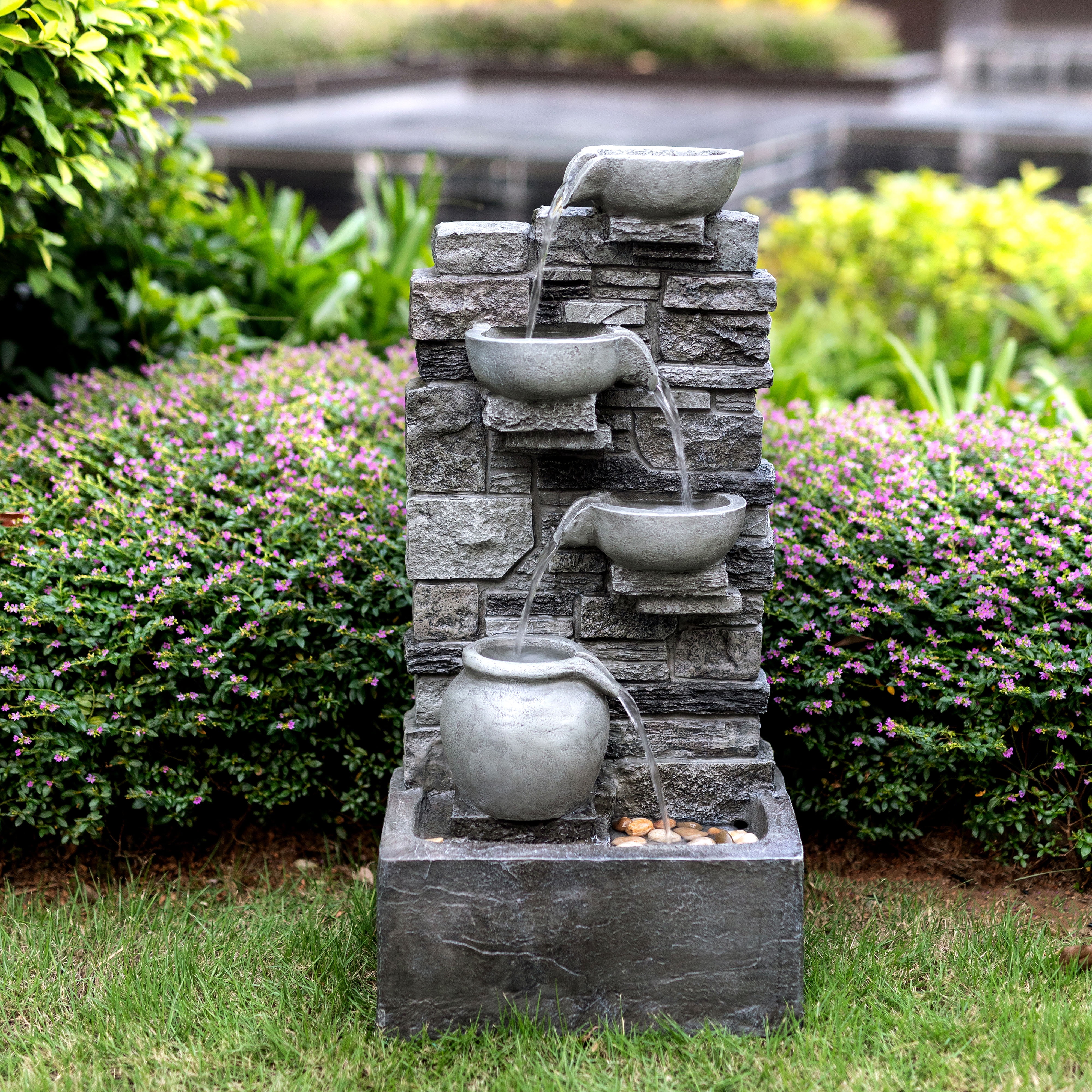 Teamson Home 28.5" Outdoor 4-Tier Stacked Stone Cascading Water Fountain with LED Lights, Gray