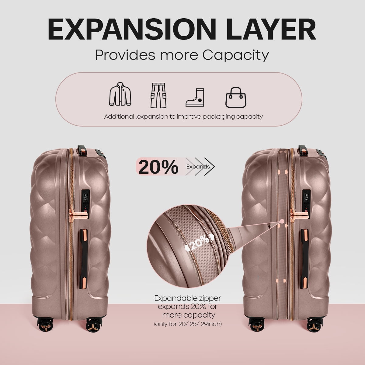 4-Piece Hardside Luggage Set, Lightweight Spinner Suitcases with TSA Lock, Expandable, Rose Gold, 14"/20"/25"/29", WD8810