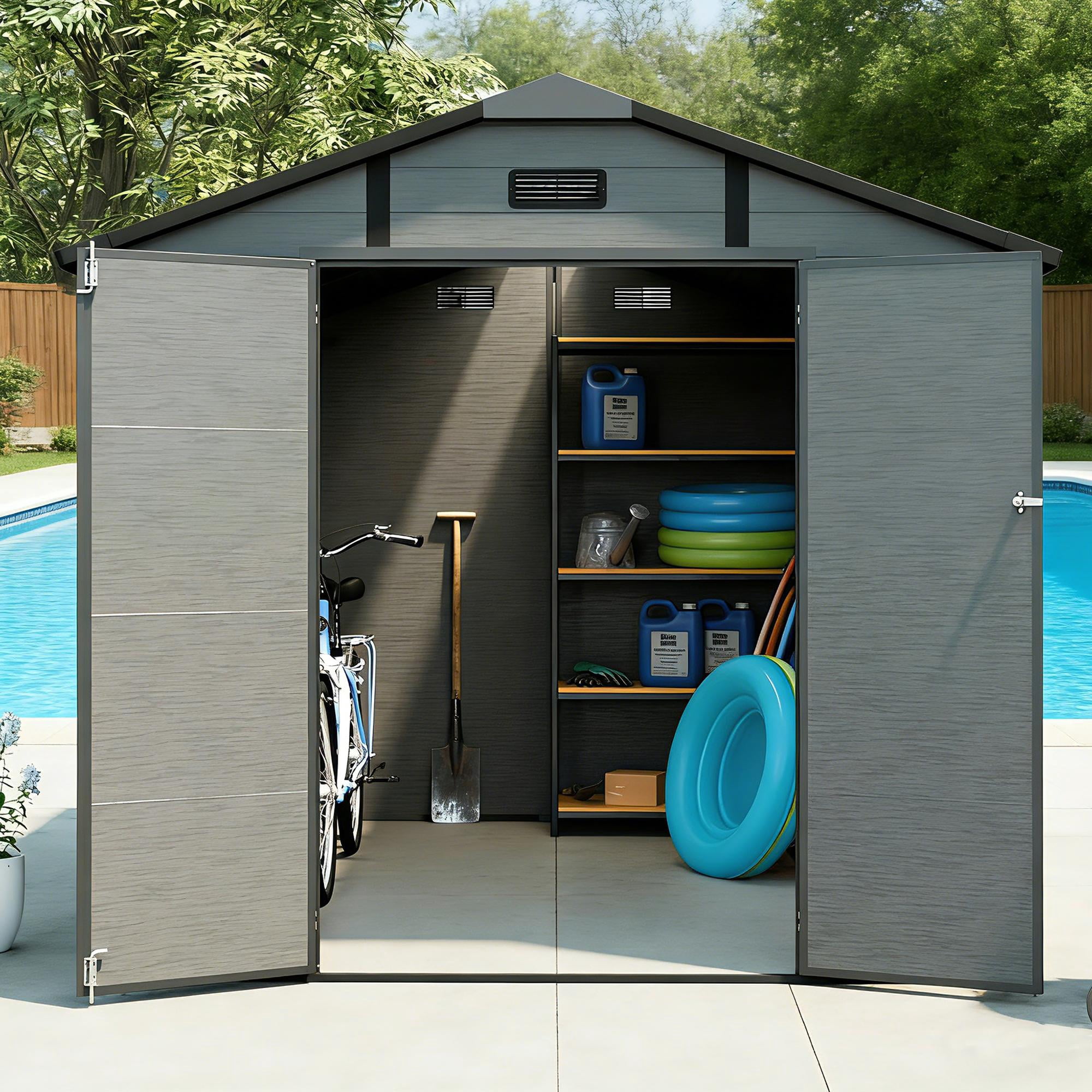 10x7.6ft Shed and Outdoor Storage, Garden Tool Resin Shed w/ Double Lockable Doors, All-Weather XXL Patio Storage Sloped Roof, Backyard Bike Shed with 2 Windows