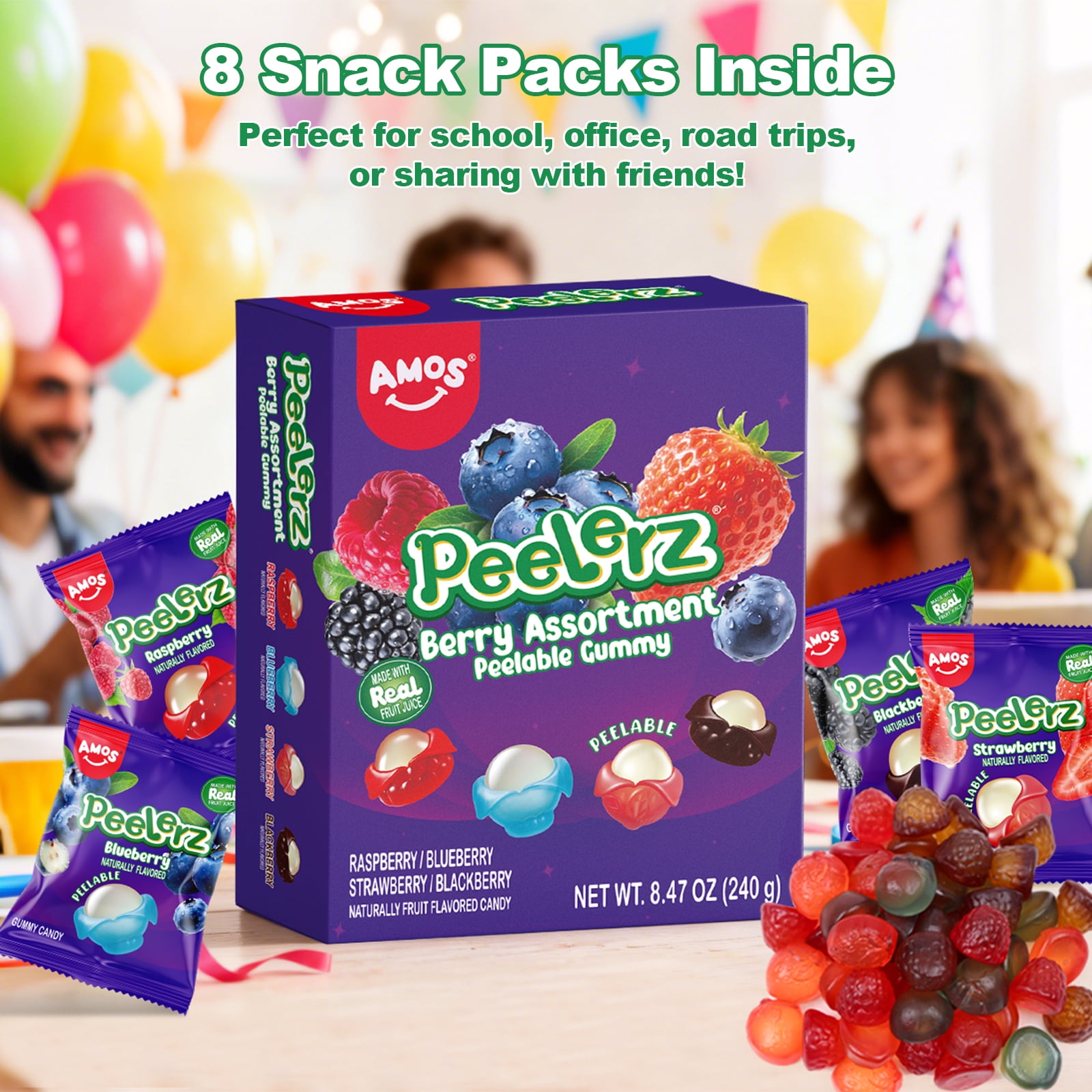 AMOS, Peelerz Variety Candy Packs, Berry Mixed Peelable Gummy 8.47