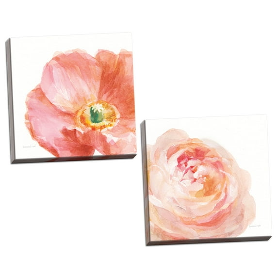 Gango Home Decor Contemporary Garden Poppy & Rose on White by Danhui Nai (Ready to Hang); Two 12x12in Hand-Stretched Canvases