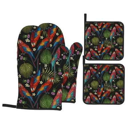 

Oven Mitts and Pot Holders Sets 4 pcs Artistic Cute Parrot Plant Flower Non-Slip Oven Gloves Potholders Soft Quilted Lining Heat Resistant Gloves Hot Pads for Kitchen Cooking Baking