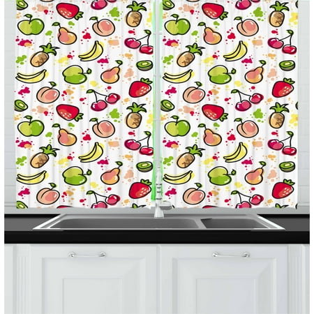 Fruits Curtains 2 Panels Set Watercolor Pear Cherries Kiwi Apple