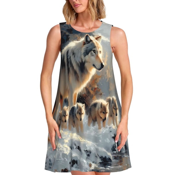 Fotbe Wolf Family Winter Wonderland Vestido de Verano sin Mangas para Mujer – Vestido Midi Línea A, Estilo Camiseta Floral, Vestido Playero Casual y Fluido