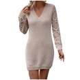 thumbnail image 2 of qolati Women Fall Dresses 2024 Casual V Neck Hollow Out Long Sleeve Mini Dress Knit Warm Bodycon Pullover Tunic Sweater Dress Gray M, 2 of 9