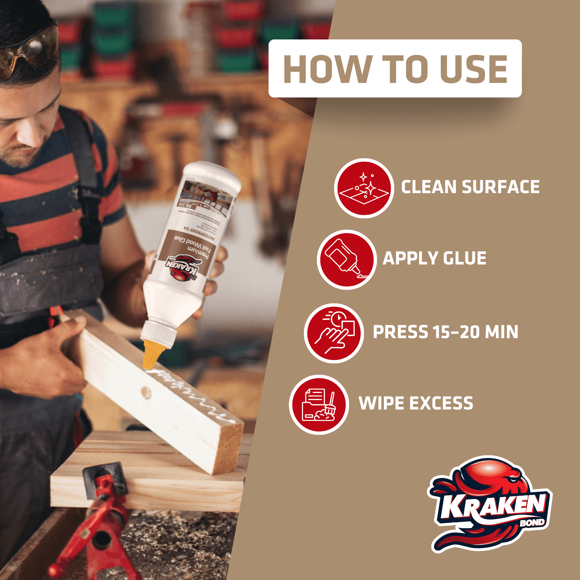 Kraken Bond D4 Premium Fast Wood Glue, Waterproof Polyurethane, 13.5 fl oz - 12 Pack