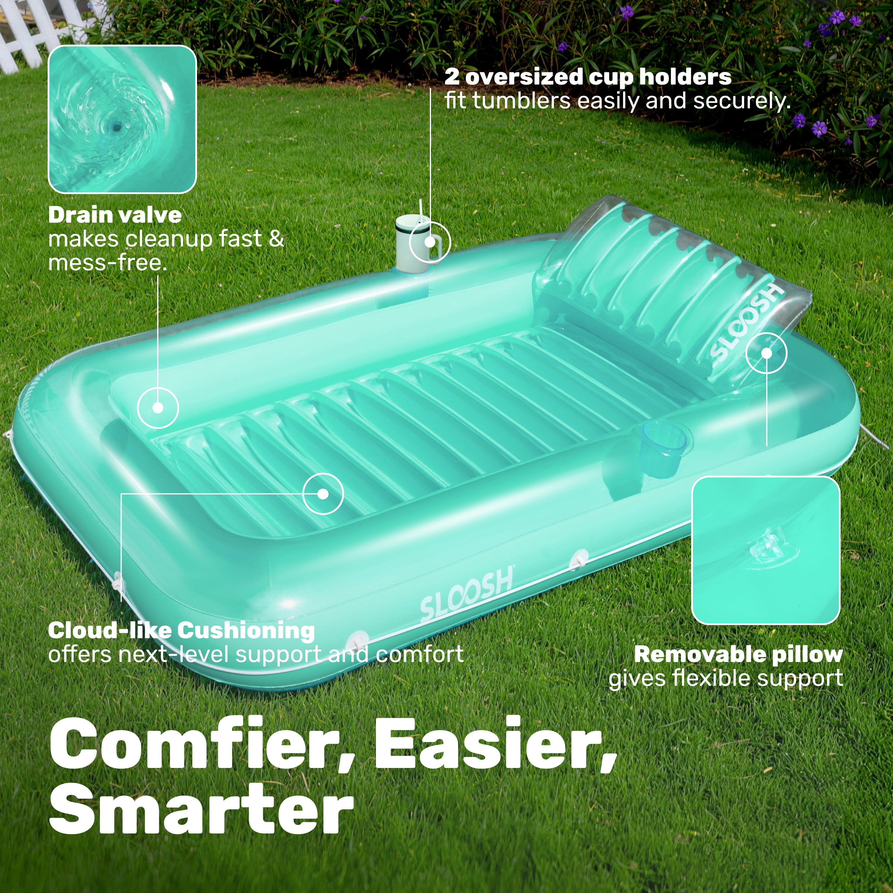SLOOSH Inflatable Tanning Pool Lounger Float for Adults, 70" x 46" Large Suntan Tub Pool Floats Sun Tan Tub Ice Bath Tub Tanning Bed Blow up Pool Raft Lounge Floatie,L-Cyan