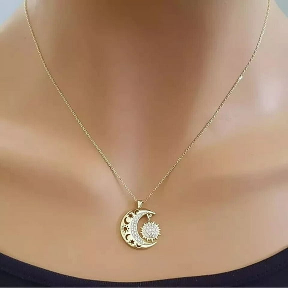 Women's Moon Pendant Round Cut 1.50Ct Lab Created Diamond 14K Yellow Gold Plated 18''